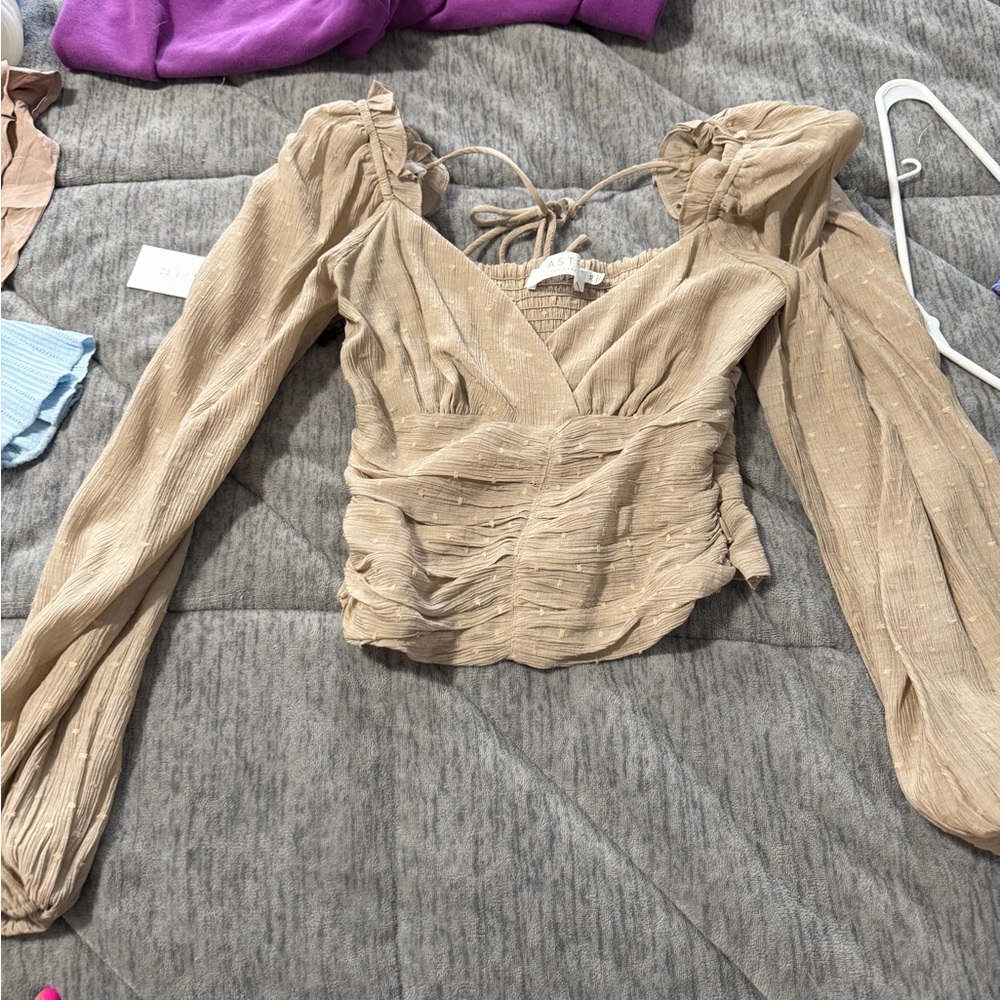 Astr Tan Ruched Blouse with Long Sleeves
